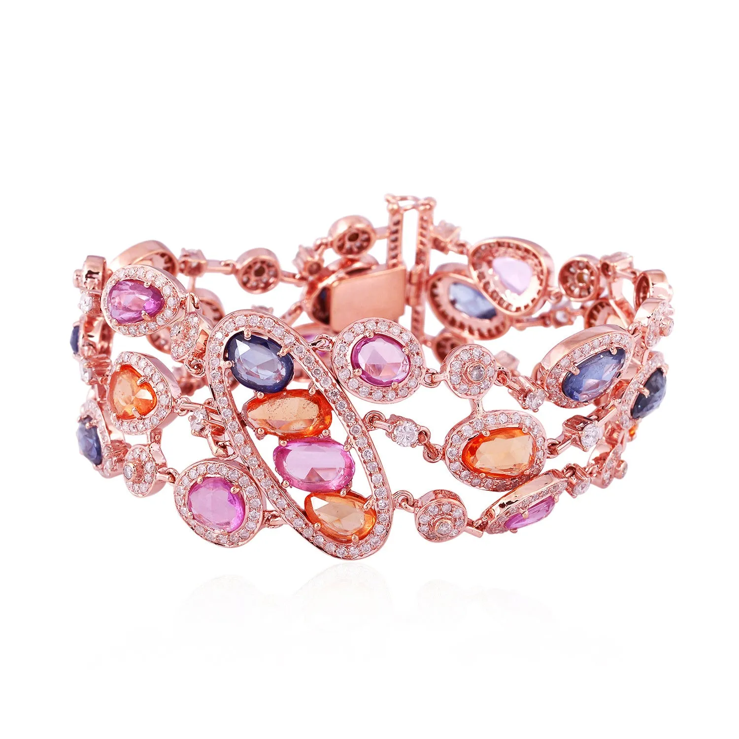 Oval Cut Rainbow Sapphire Pave Diamond Studded Fixed & Flexible Bracelet In 18K Rose Gold