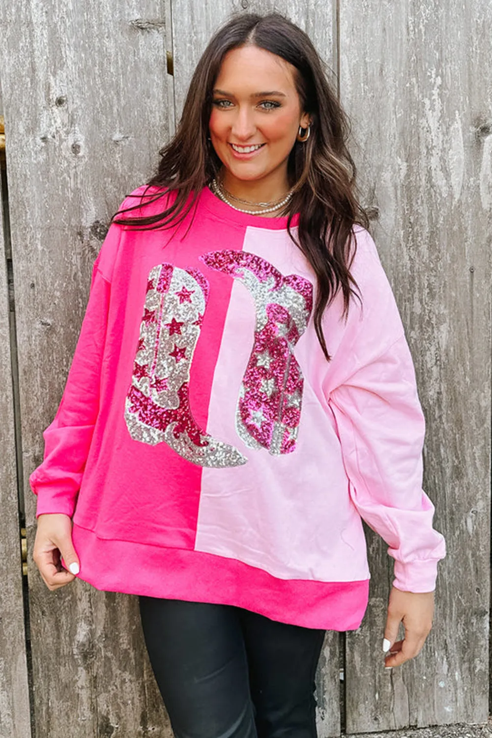 Pink Color Block Sequined Cowgirl Boots Graphic Sweatshirt