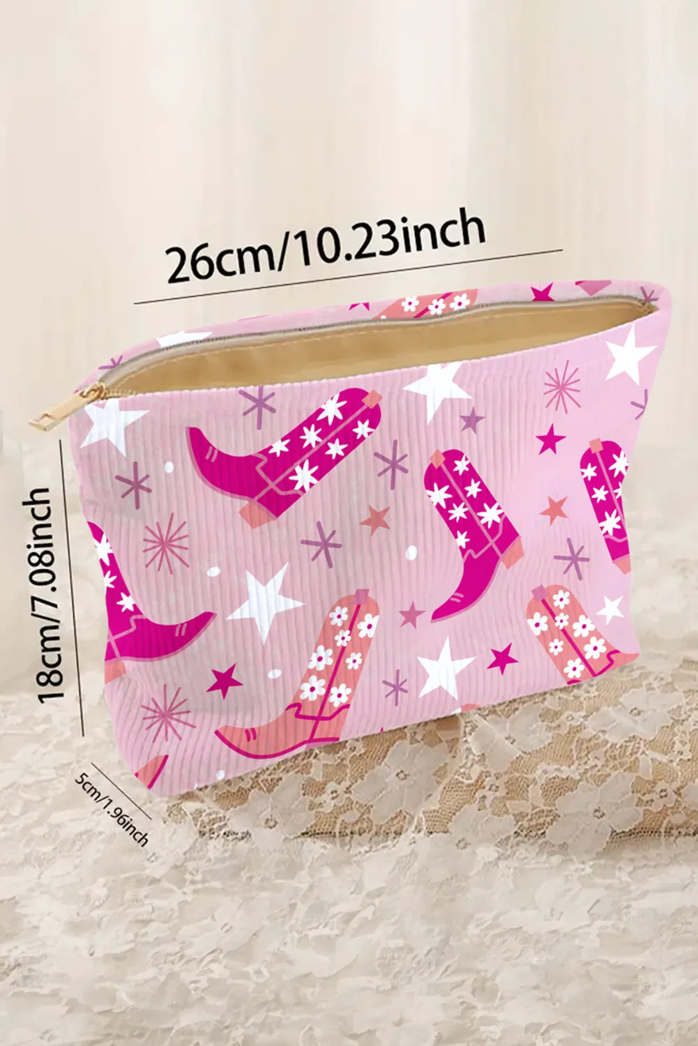 Pink Western Cowboy Boots Star Print Large Makeup Bag