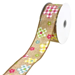Plaid Patterned Spring Flowers Wired Ribbon, 10-yard