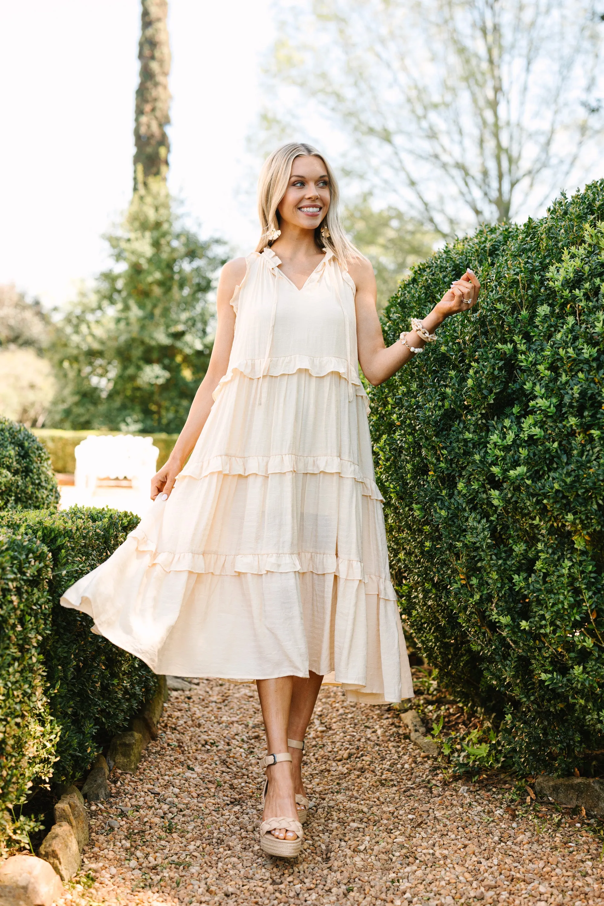 Pursue Perfection Oatmeal White Ruffled Midi Dress