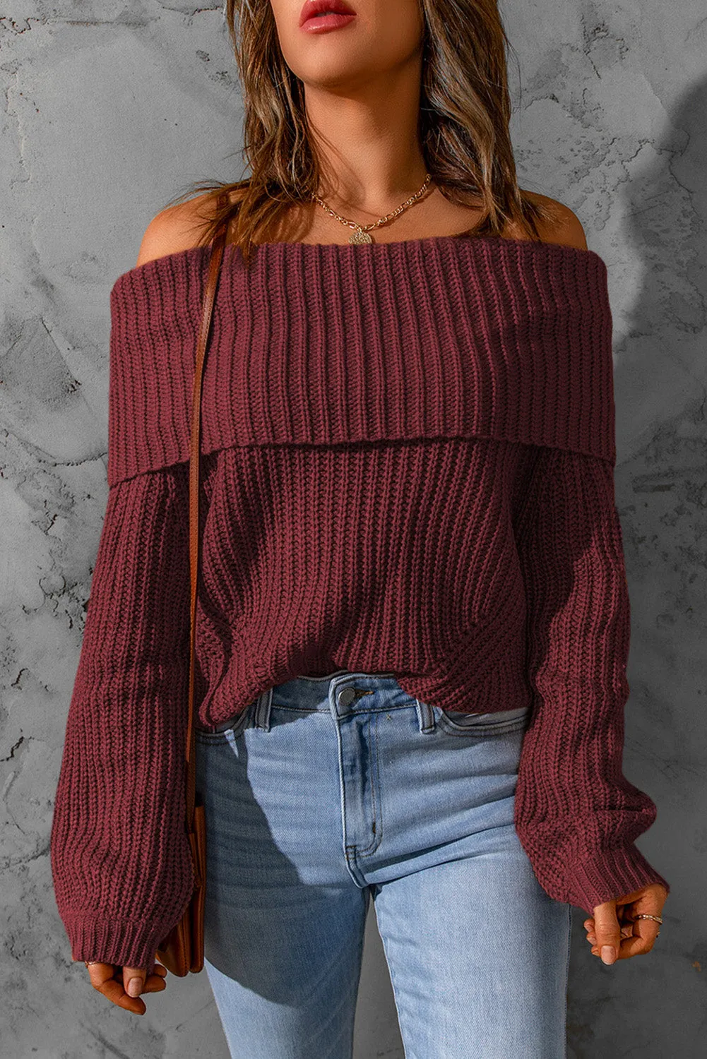 Ribbed Knit Foldover Off Shoulder Sweater