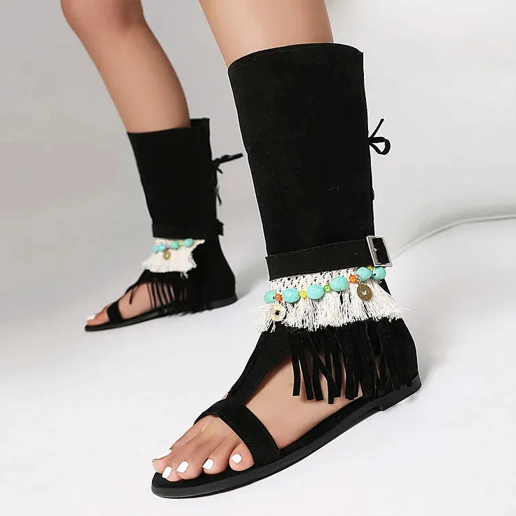 Sandali alti con lacci e perline, decori colorblock, frange, punta aperta, stivali 