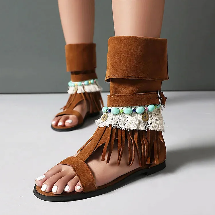 Sandali alti con lacci e perline, decori colorblock, frange, punta aperta, stivali 