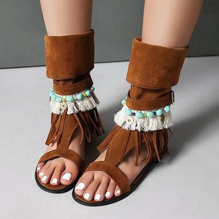 Sandali alti con lacci e perline, decori colorblock, frange, punta aperta, stivali 