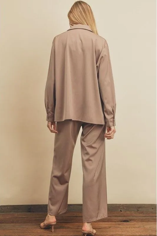 Satin Two Piece Set- Top- Taupe