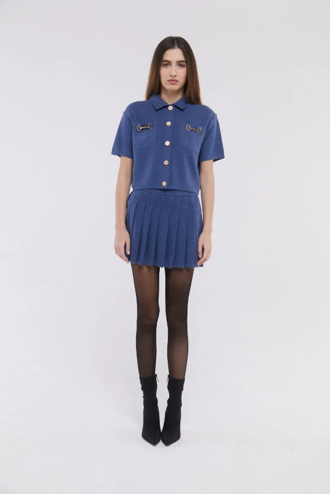 Short Sleeve Cardigan with Horsebit Detail in Denim Blue