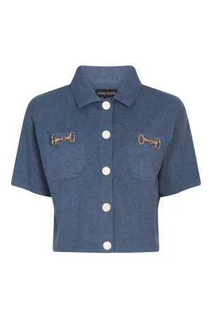 Short Sleeve Cardigan with Horsebit Detail in Denim Blue