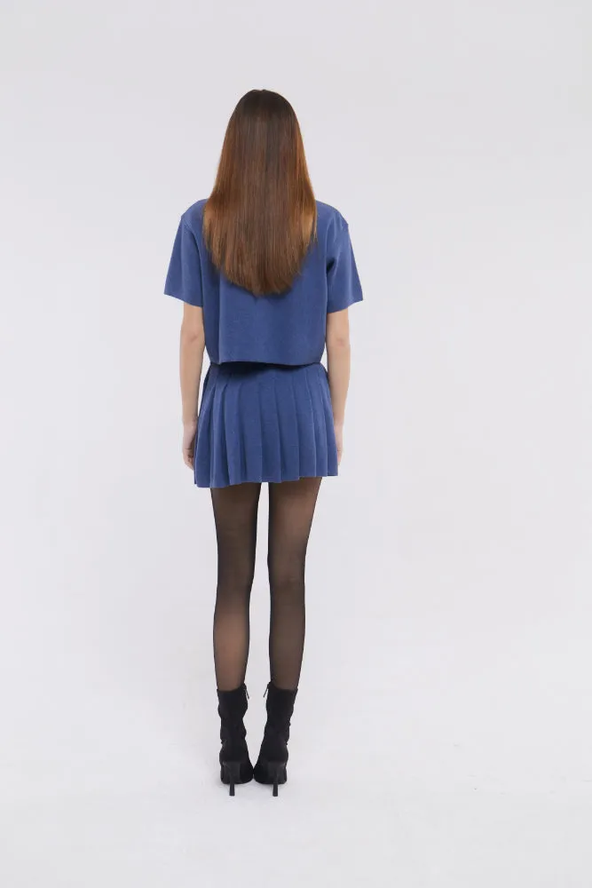 Short Sleeve Cardigan with Horsebit Detail in Denim Blue