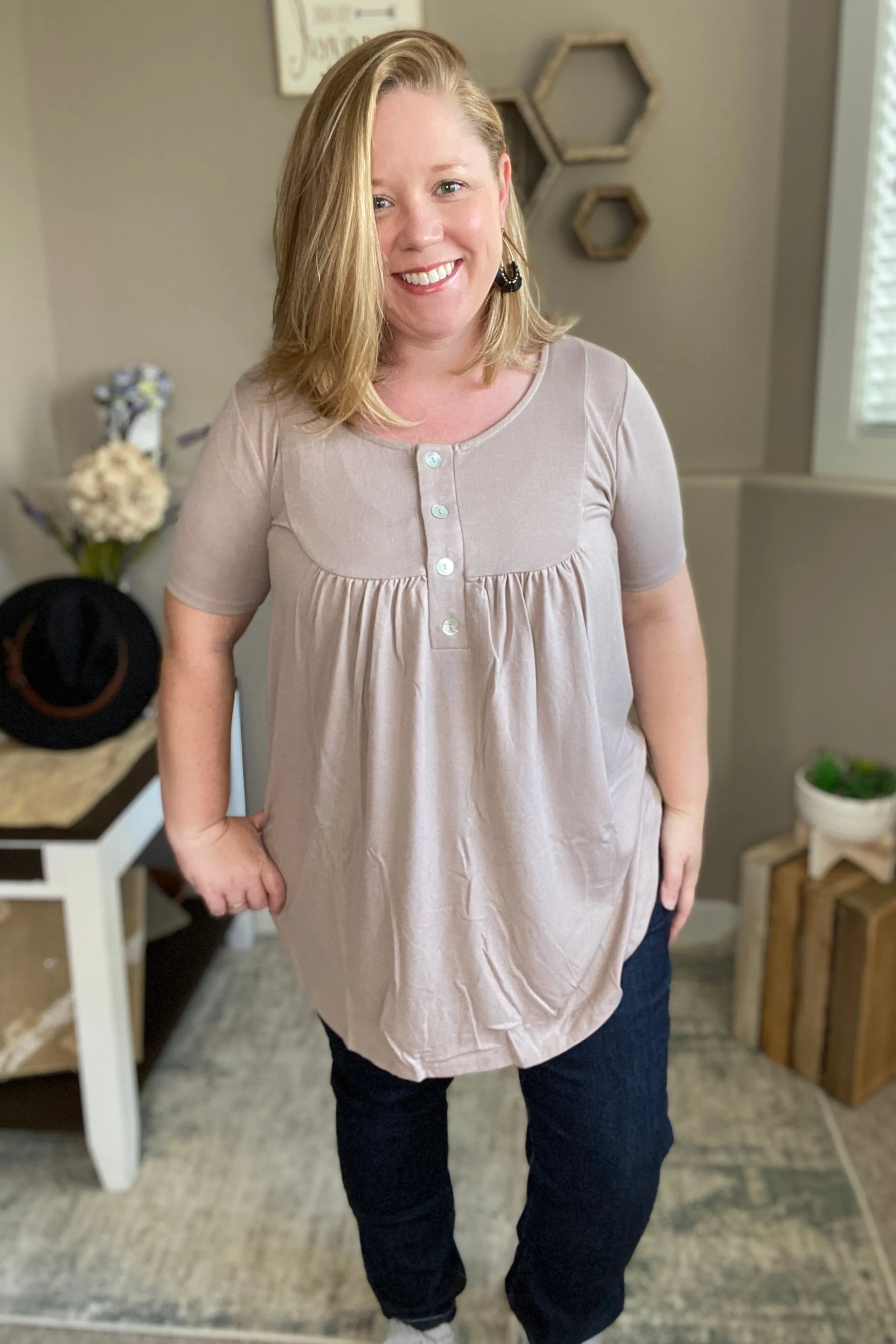 Short Sleeve Shell Button Top