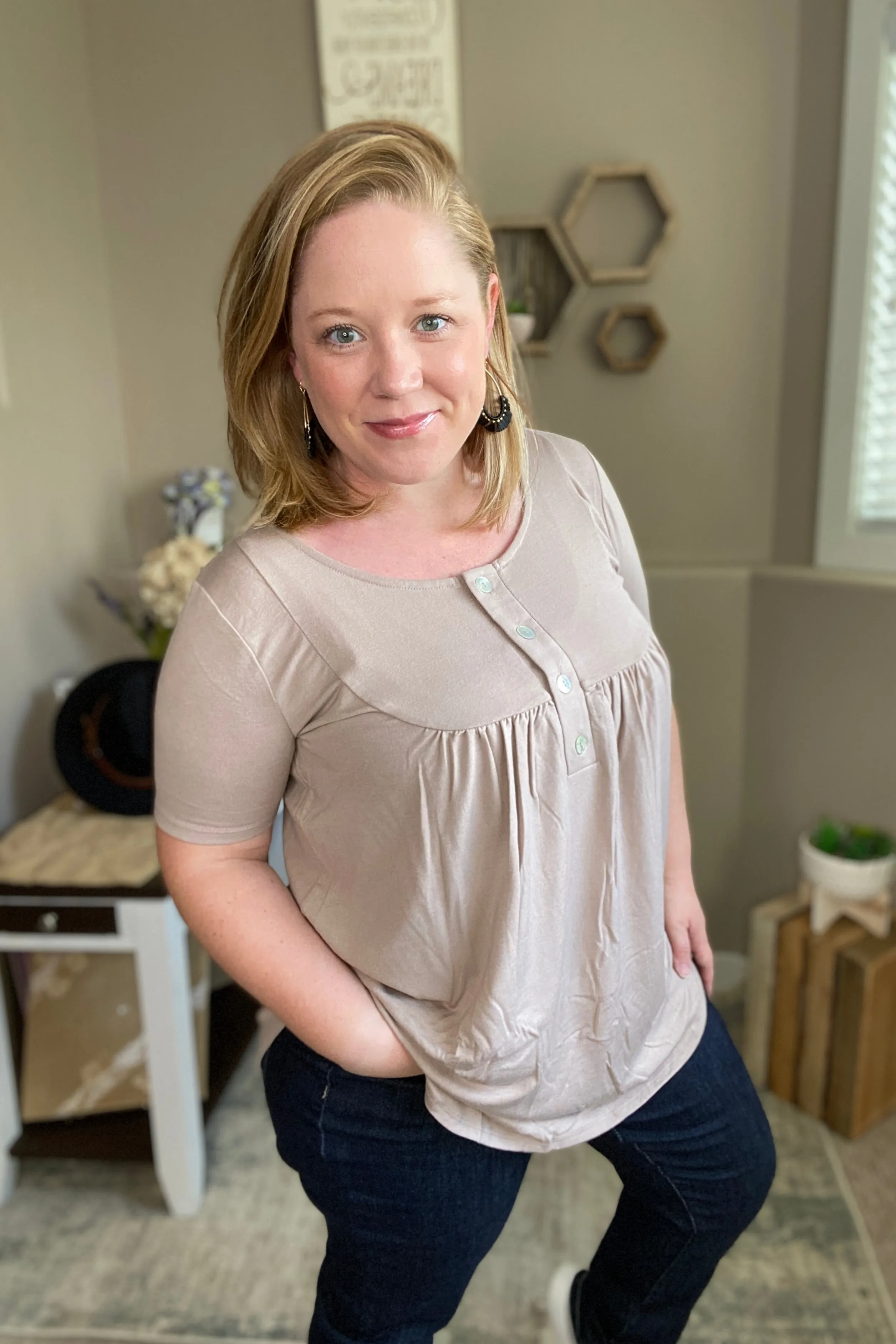 Short Sleeve Shell Button Top