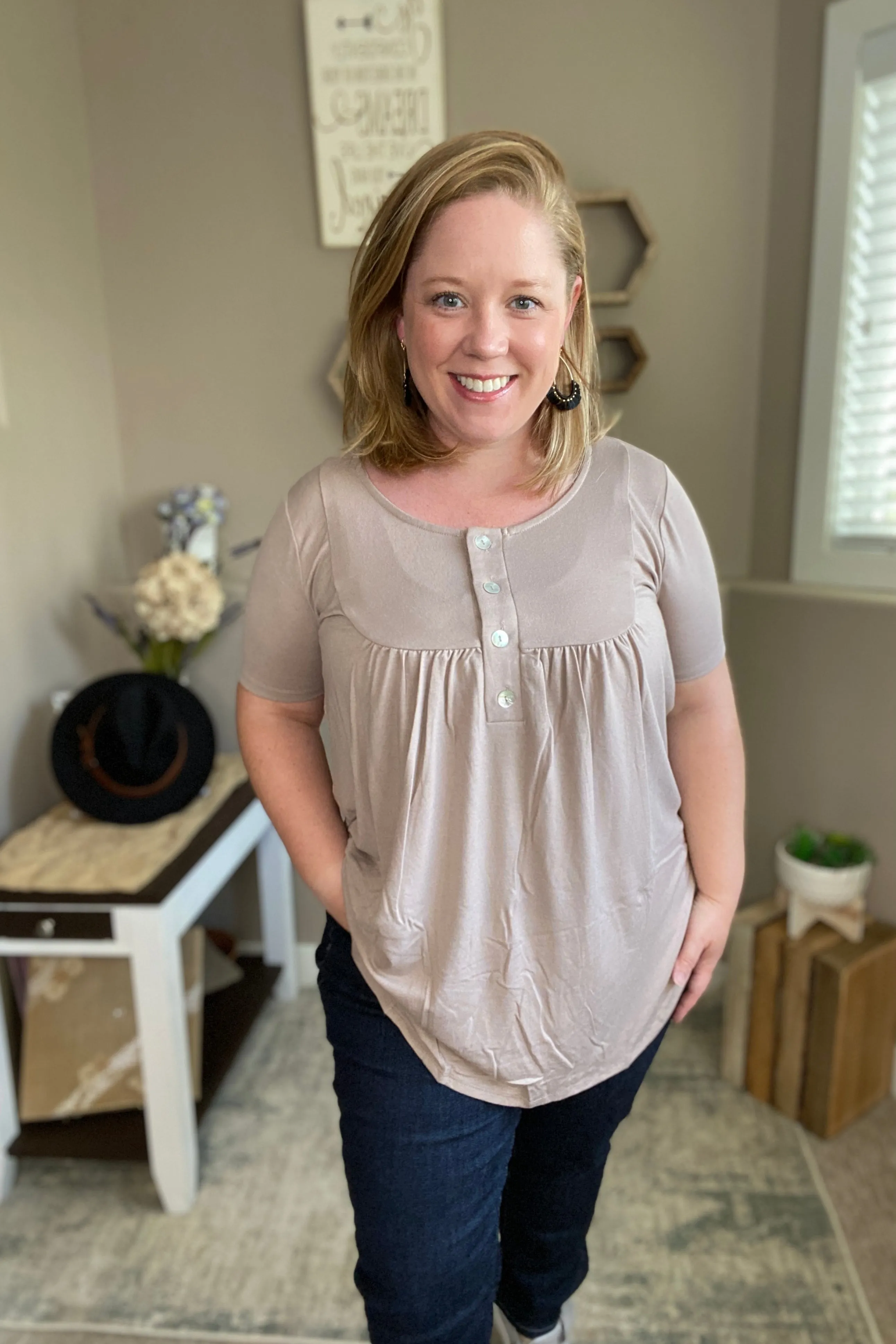 Short Sleeve Shell Button Top