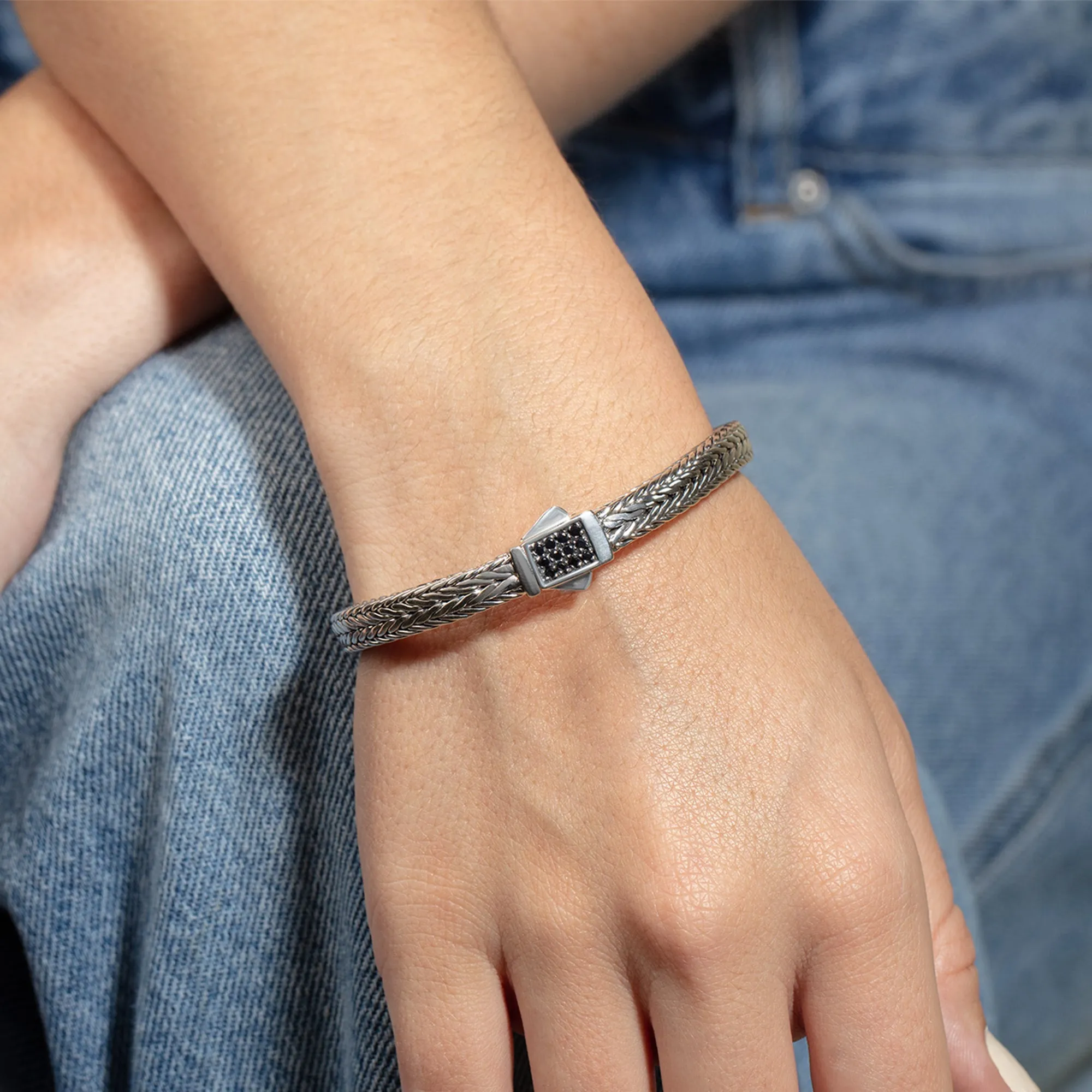 Silver Square Woven Chain 6.5mm Sapphire Bracelet