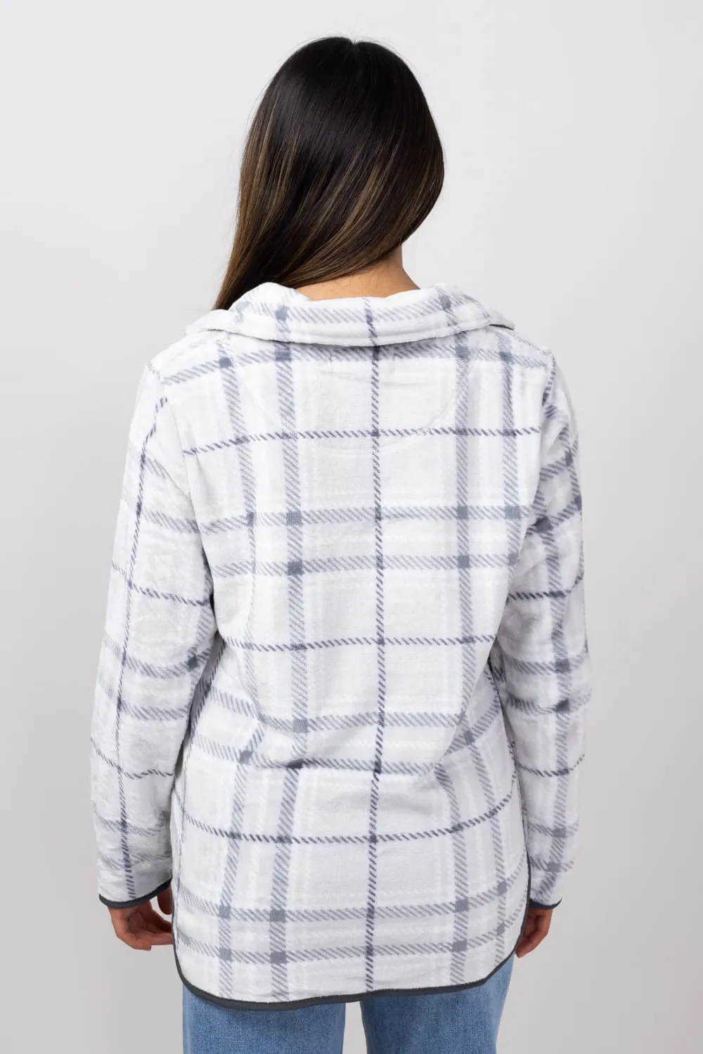 Simply Southern Y-Neck Pullover for Women in Grey Plaid | PP-0224-PULL-YNCK-GRYPLD
