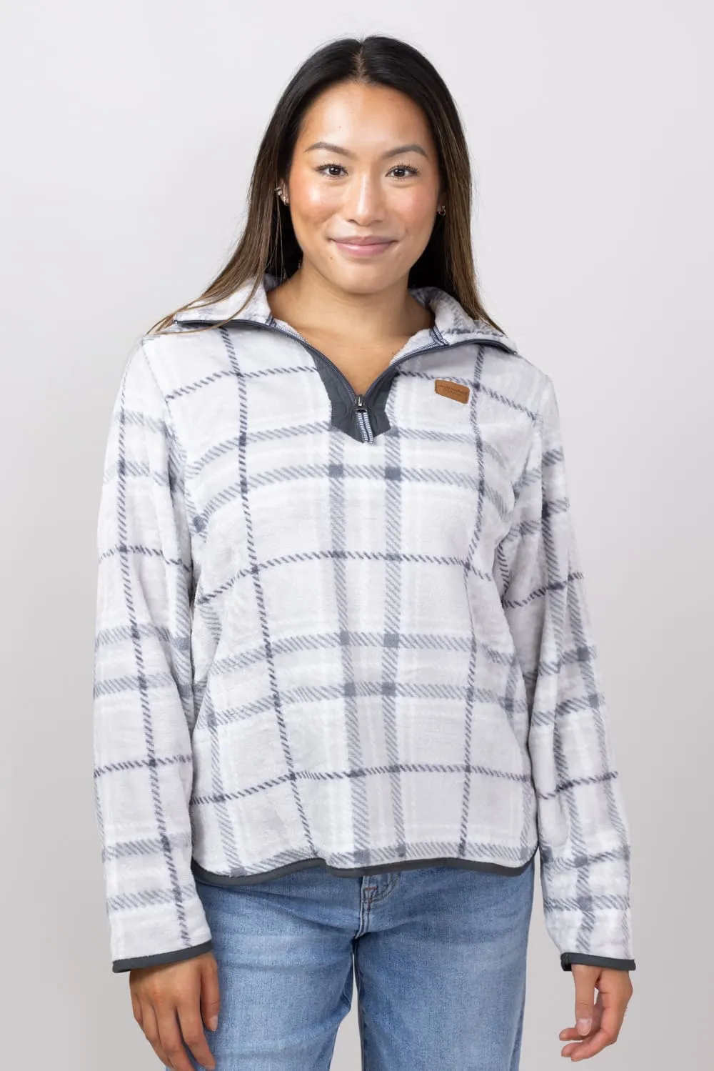 Simply Southern Y-Neck Pullover for Women in Grey Plaid | PP-0224-PULL-YNCK-GRYPLD