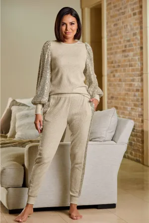 So Soft Sequin Balloon-Sleeve Knit Lounge Set Oatmeal