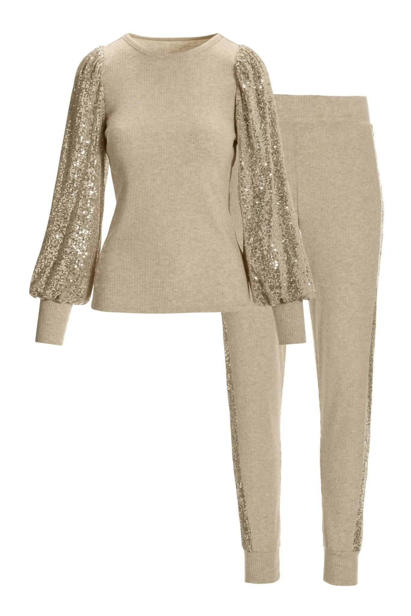 So Soft Sequin Balloon-Sleeve Knit Lounge Set Oatmeal