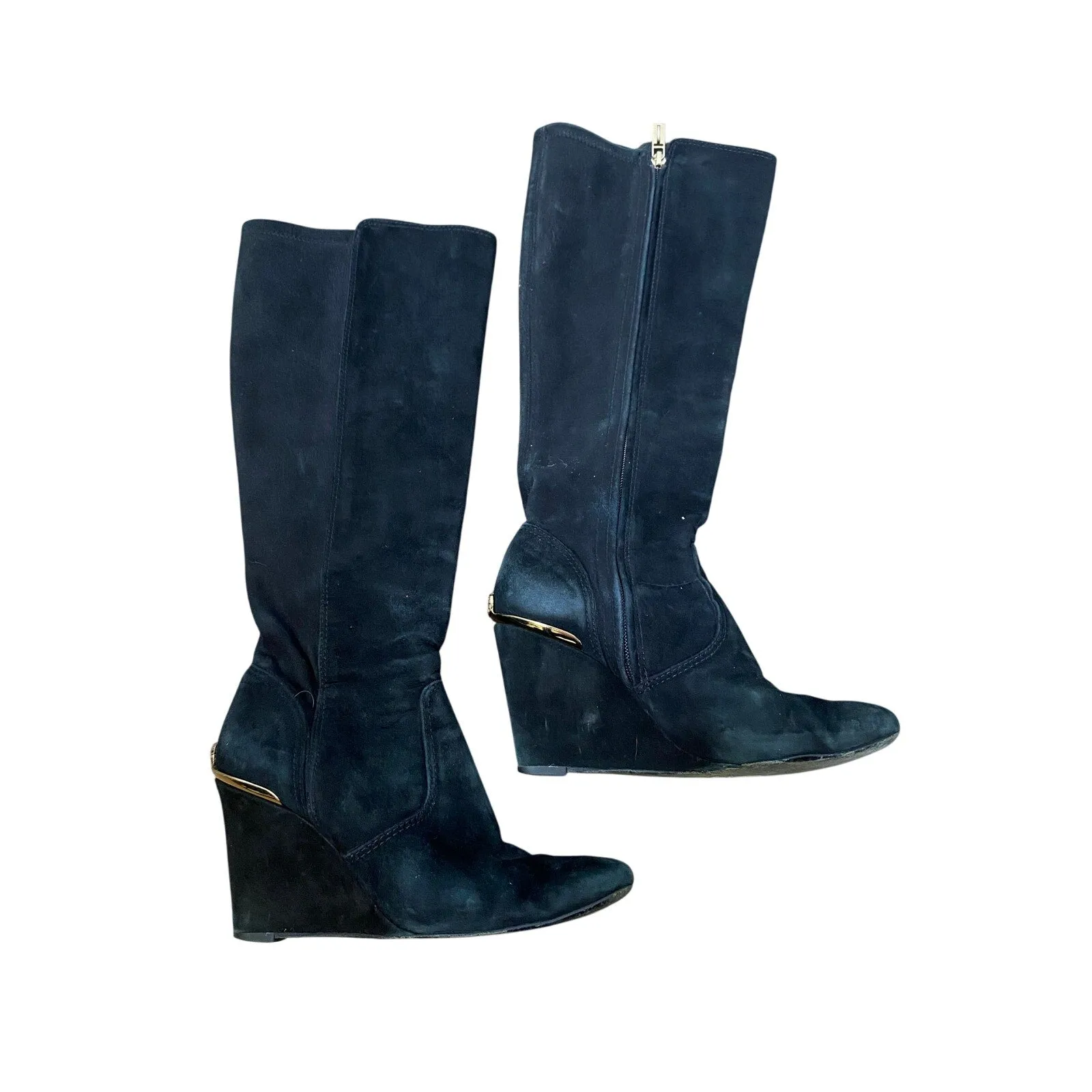 Tory Burch Black Suede Leather Wedge Knee Boots Sz 8