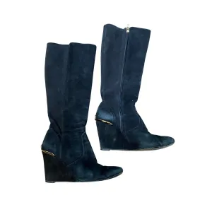 Tory Burch Black Suede Leather Wedge Knee Boots Sz 8
