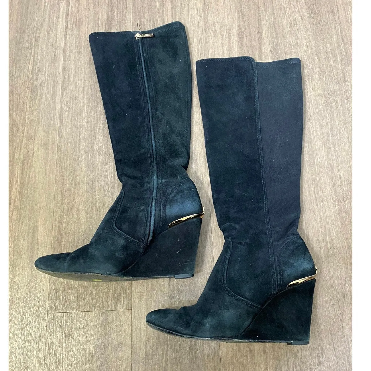 Tory Burch Black Suede Leather Wedge Knee Boots Sz 8