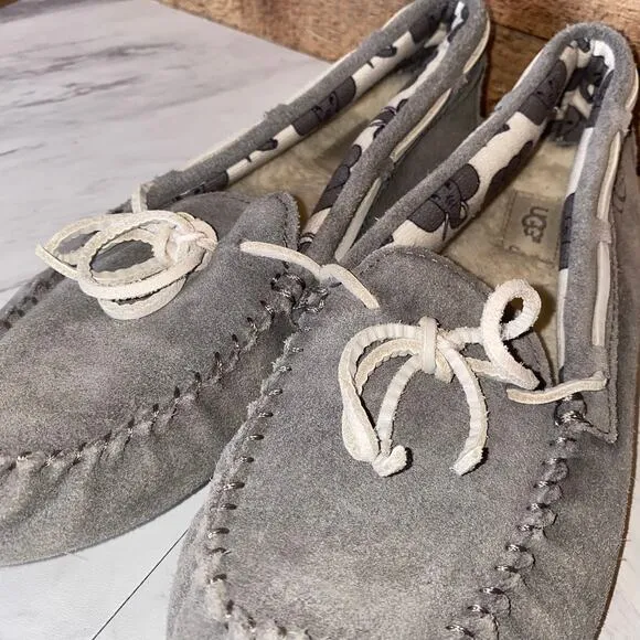 Ugg Grey Leather Ryder Slippers Elephant Jungle Liner Size 5