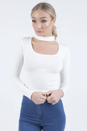White Ribbed Choker Cut Out Crop Top - Mary