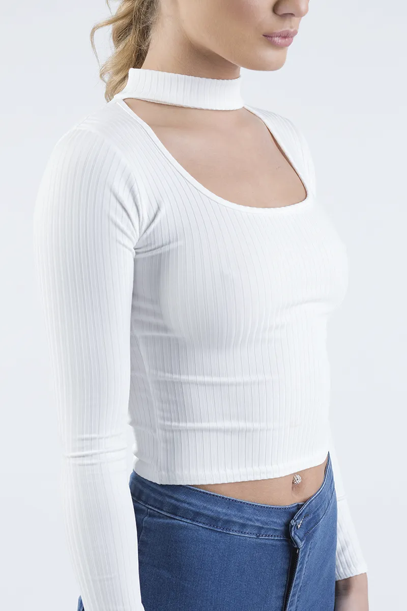 White Ribbed Choker Cut Out Crop Top - Mary
