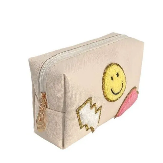 Zenana Black Preppy Happy Face Patch Makeup Cosmetic Bag U-220