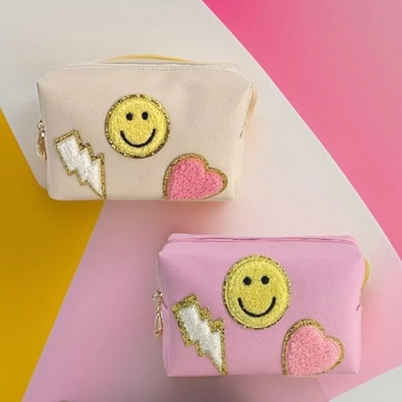 Zenana Black Preppy Happy Face Patch Makeup Cosmetic Bag U-220